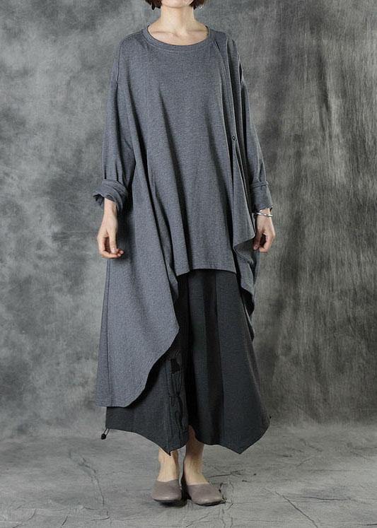 Style Grey low High Design Button Fall Long Sleeve Shirt Tops - SooLinen