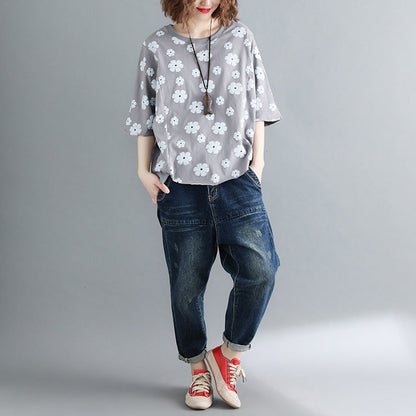 Stil Halbarm Baumwollkleidung Plus Size Tutorials grauer Druck Kniehemden