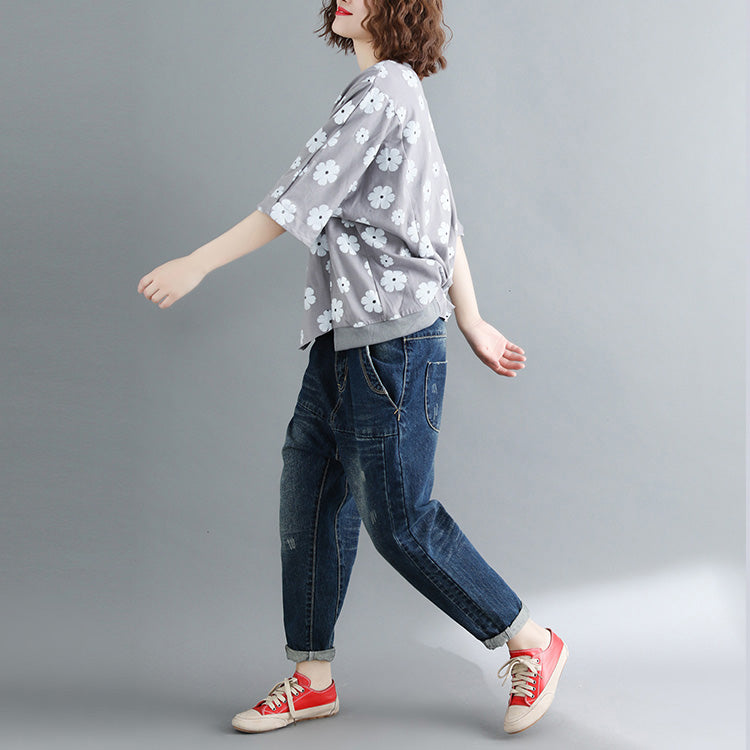 Stil Halbarm Baumwollkleidung Plus Size Tutorials grauer Druck Kniehemden