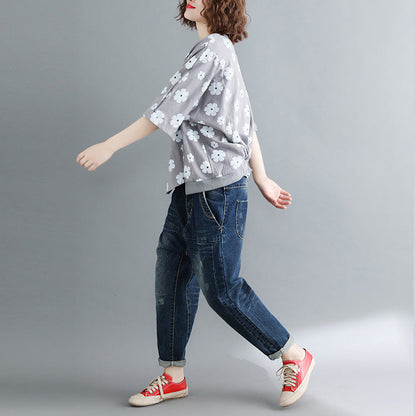 Stil Halbarm Baumwollkleidung Plus Size Tutorials grauer Druck Kniehemden