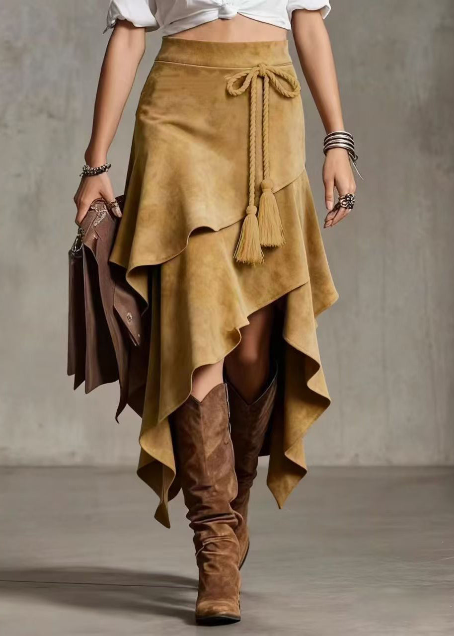 Style Khaki Asymmetrical Lace Up Layered Faux Suede Skirt Fall