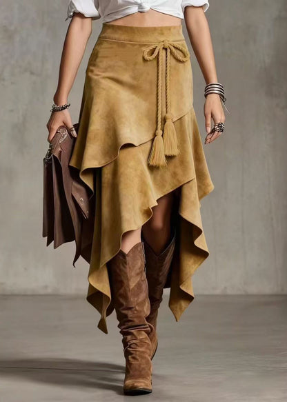 Style Khaki Asymmetrical Lace Up Layered Faux Suede Skirt Fall