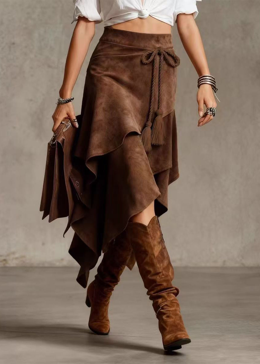 Style Khaki Asymmetrical Lace Up Layered Faux Suede Skirt Fall