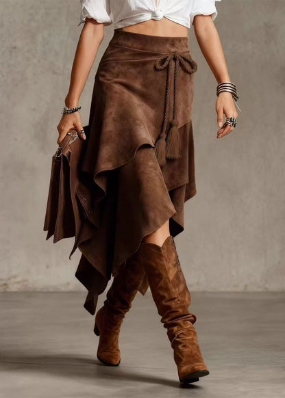 Style Khaki Asymmetrical Lace Up Layered Faux Suede Skirt Fall