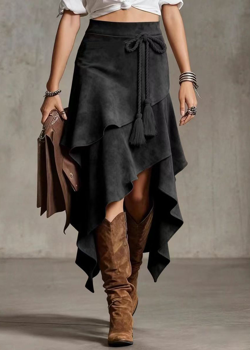 Style Khaki Asymmetrical Lace Up Layered Faux Suede Skirt Fall