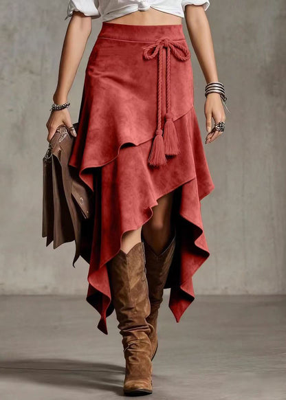 Style Khaki Asymmetrical Lace Up Layered Faux Suede Skirt Fall