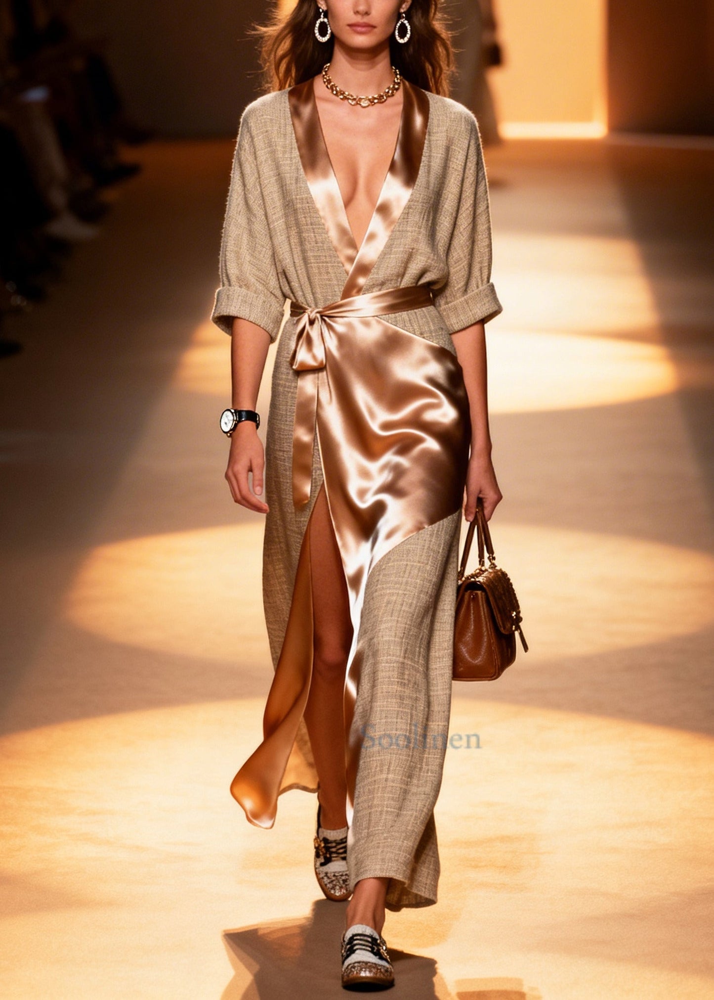 Style Khaki Asymmetrical Patchwork Side Open Linen Tunic Dresses Summer