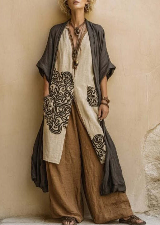 Style Khaki Embroidered Oversized Linen Women Sets 2 Pieces Summer