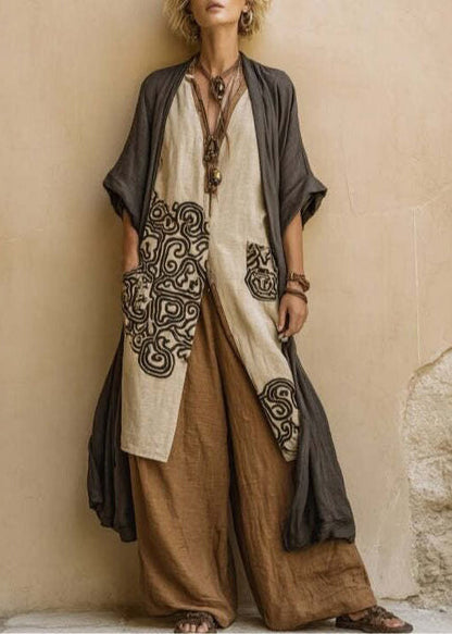 Style Khaki Embroidered Oversized Linen Women Sets 2 Pieces Summer