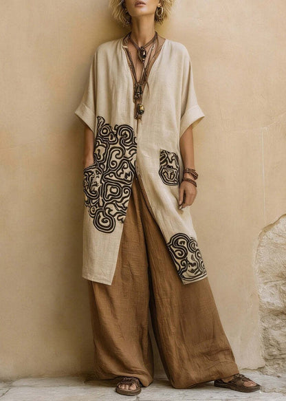 Style Khaki Embroidered Oversized Linen Women Sets 2 Pieces Summer