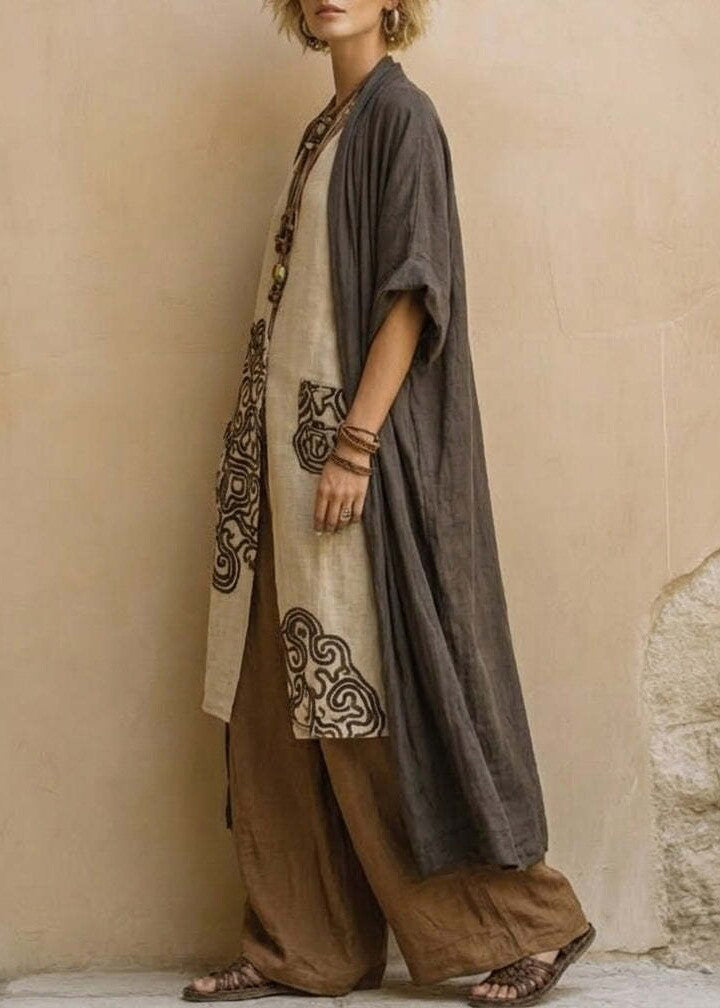 Style Khaki Embroidered Oversized Linen Women Sets 2 Pieces Summer