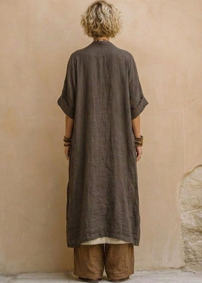 Style Khaki Embroidered Oversized Linen Women Sets 2 Pieces Summer