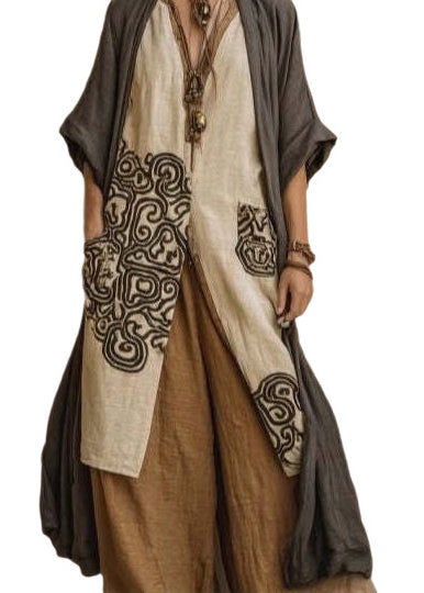 Style Khaki Embroidered Oversized Linen Women Sets 2 Pieces Summer