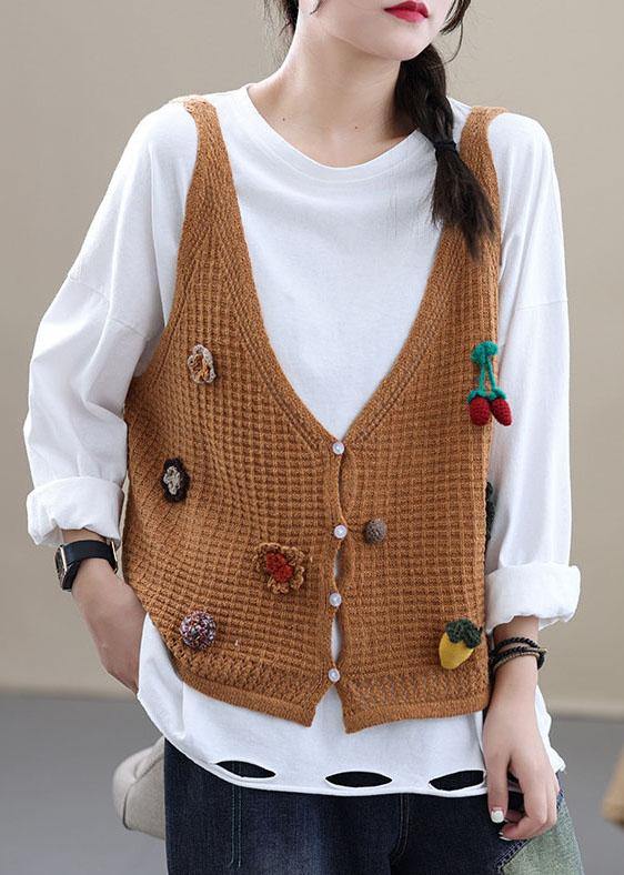 Style Khaki Embroideried Floral Fall Shirt Knit Vest Sleeveless - SooLinen