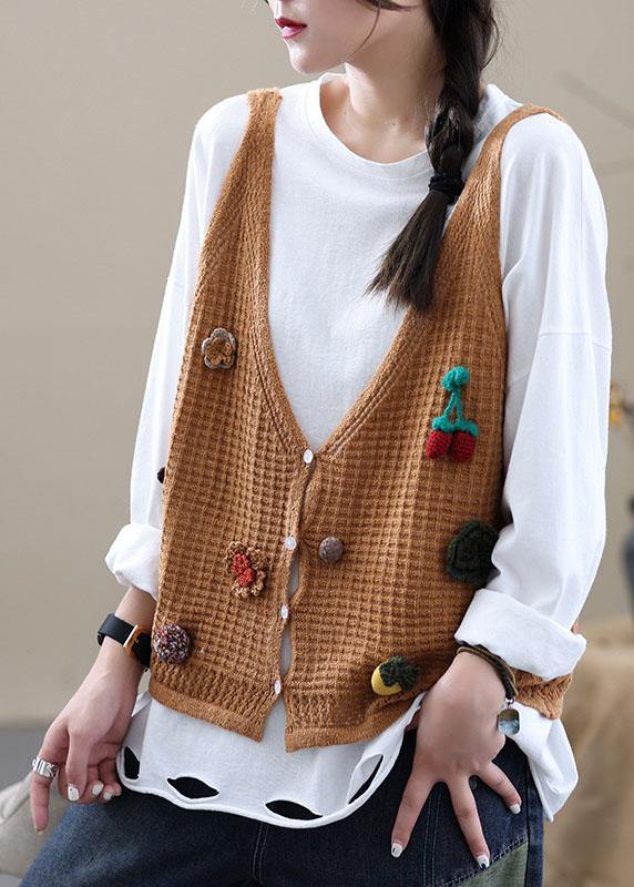 Style Khaki Embroideried Floral Fall Shirt Knit Vest Sleeveless - SooLinen