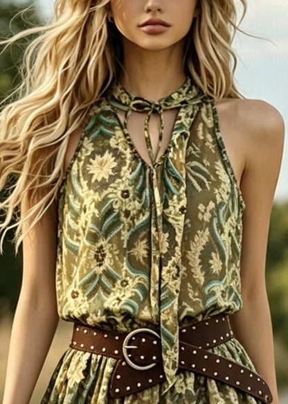 Style Khaki Print Chiffon Mid Dresses Summer
