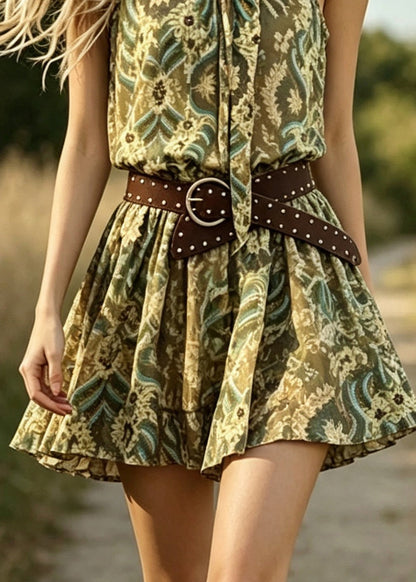 Style Khaki Print Chiffon Mid Dresses Summer