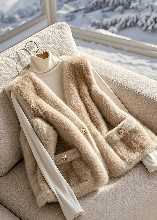Style Khaki V Neck Pockets Mink Velvet Fur Vest Winter