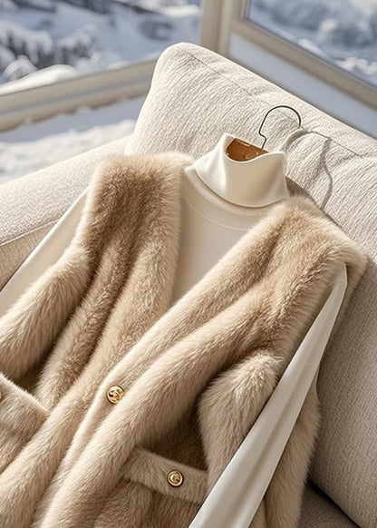 Style Khaki V Neck Pockets Mink Velvet Fur Vest Winter