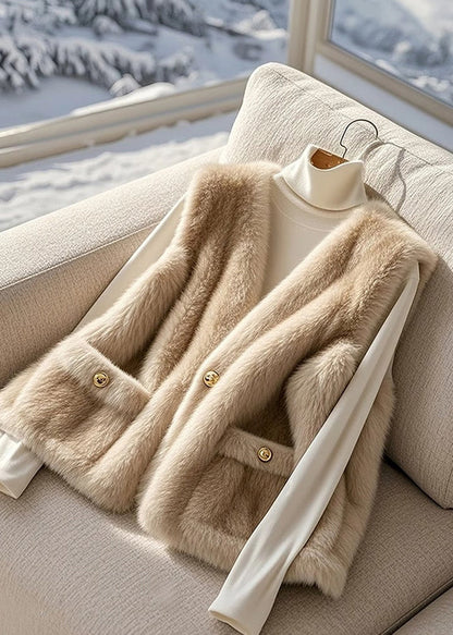 Style Khaki V Neck Pockets Mink Velvet Fur Vest Winter
