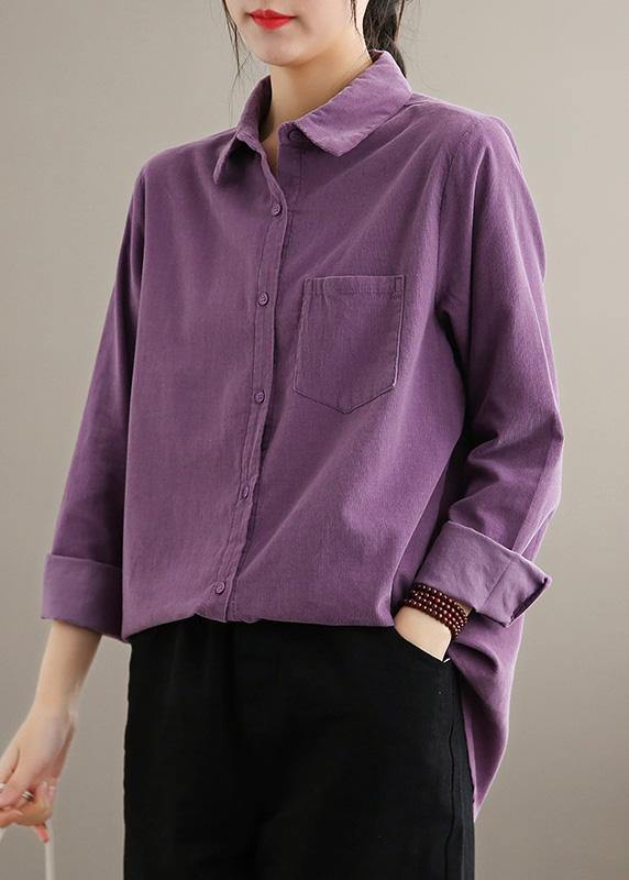 Style Lapel Pockets Spring Crane Tops Design Purple Shirt - SooLinen