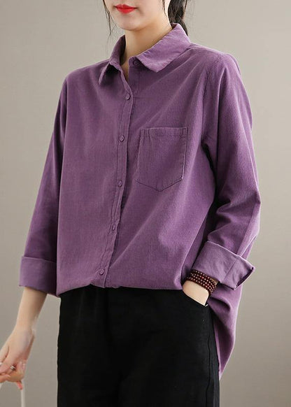 Style Lapel Pockets Spring Crane Tops Design Purple Shirt - SooLinen