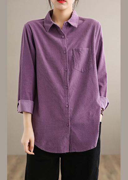 Style Lapel Pockets Spring Crane Tops Design Purple Shirt - SooLinen