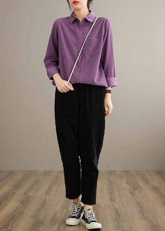 Style Lapel Pockets Spring Crane Tops Design Purple Shirt - SooLinen