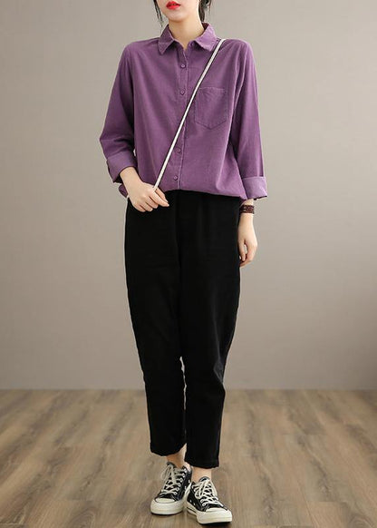 Style Lapel Pockets Spring Crane Tops Design Purple Shirt - SooLinen