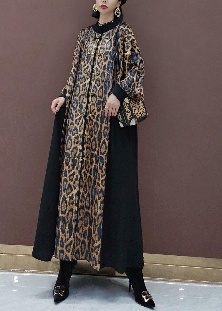 Style Leopard Clothes Stand Collar Patchwork Art Spring Dress - SooLinen