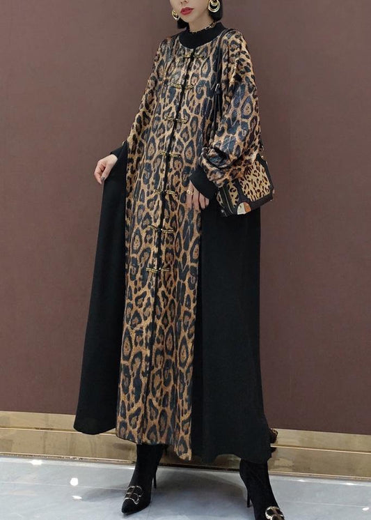 Style Leopard Clothes Stand Collar Patchwork Art Spring Dress - SooLinen