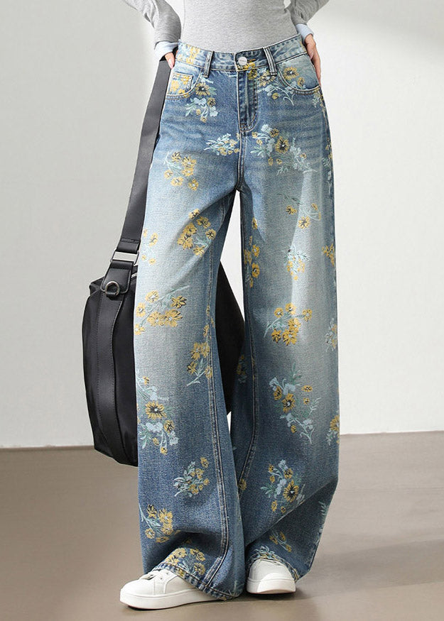 Style Light Blue High Waist Pockets Denim Wide Leg Print Pants