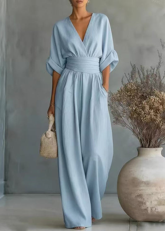 Style Light Blue V Neck High Waist Cotton Jumpsuits Half Sleeve