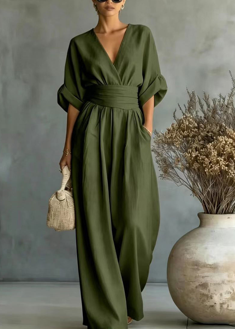 Style Light Blue V Neck High Waist Cotton Jumpsuits Half Sleeve