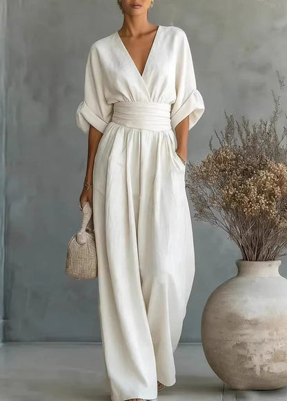 Style Light Blue V Neck High Waist Cotton Jumpsuits Half Sleeve