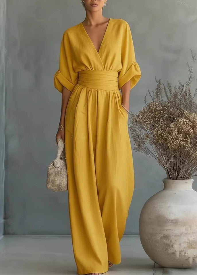 Style Light Blue V Neck High Waist Cotton Jumpsuits Half Sleeve