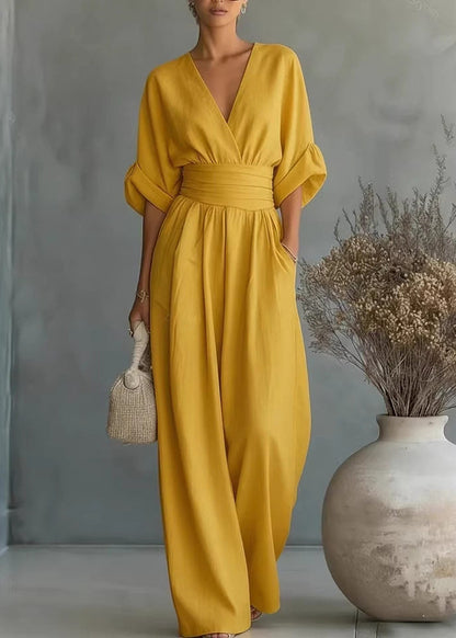 Style Light Blue V Neck High Waist Cotton Jumpsuits Half Sleeve