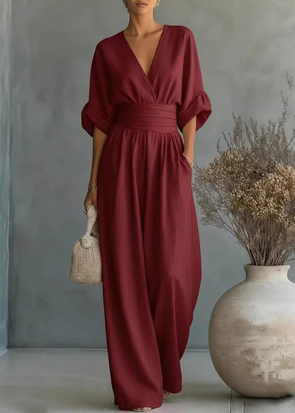 Style Light Blue V Neck High Waist Cotton Jumpsuits Half Sleeve