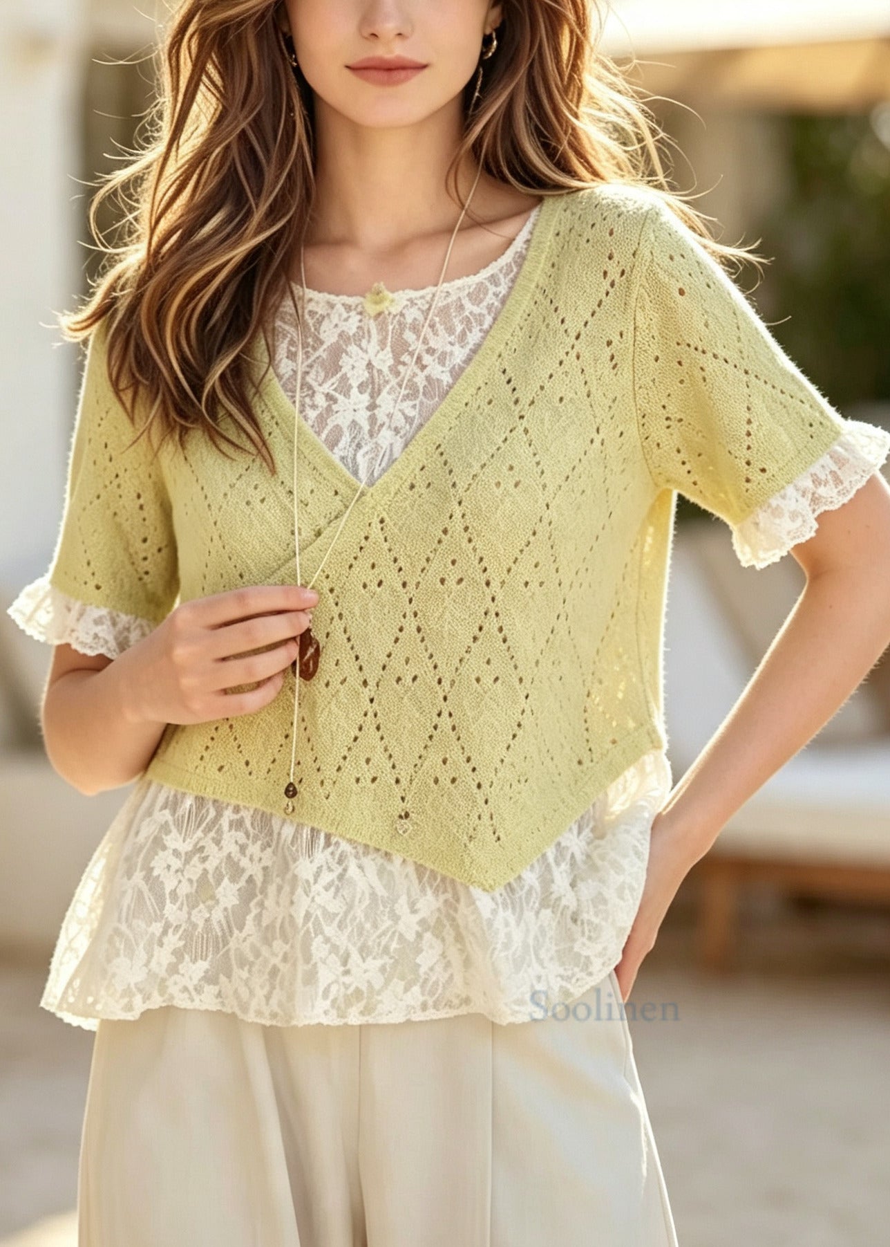 Style Light Green Oversized Patchwork Lace Blouses Summer