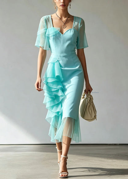 Style Light Green Tulle Patchwork Solid Maxi Dress Short Sleeve
