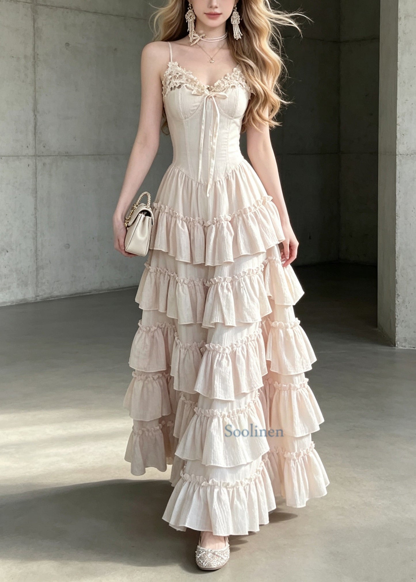 Style Light Pink Ruffled Patchwork Cotton Spaghetti Strap Dresses Summer