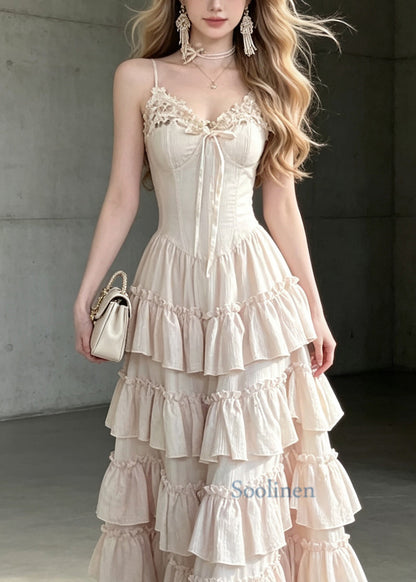 Style Light Pink Ruffled Patchwork Cotton Spaghetti Strap Dresses Summer