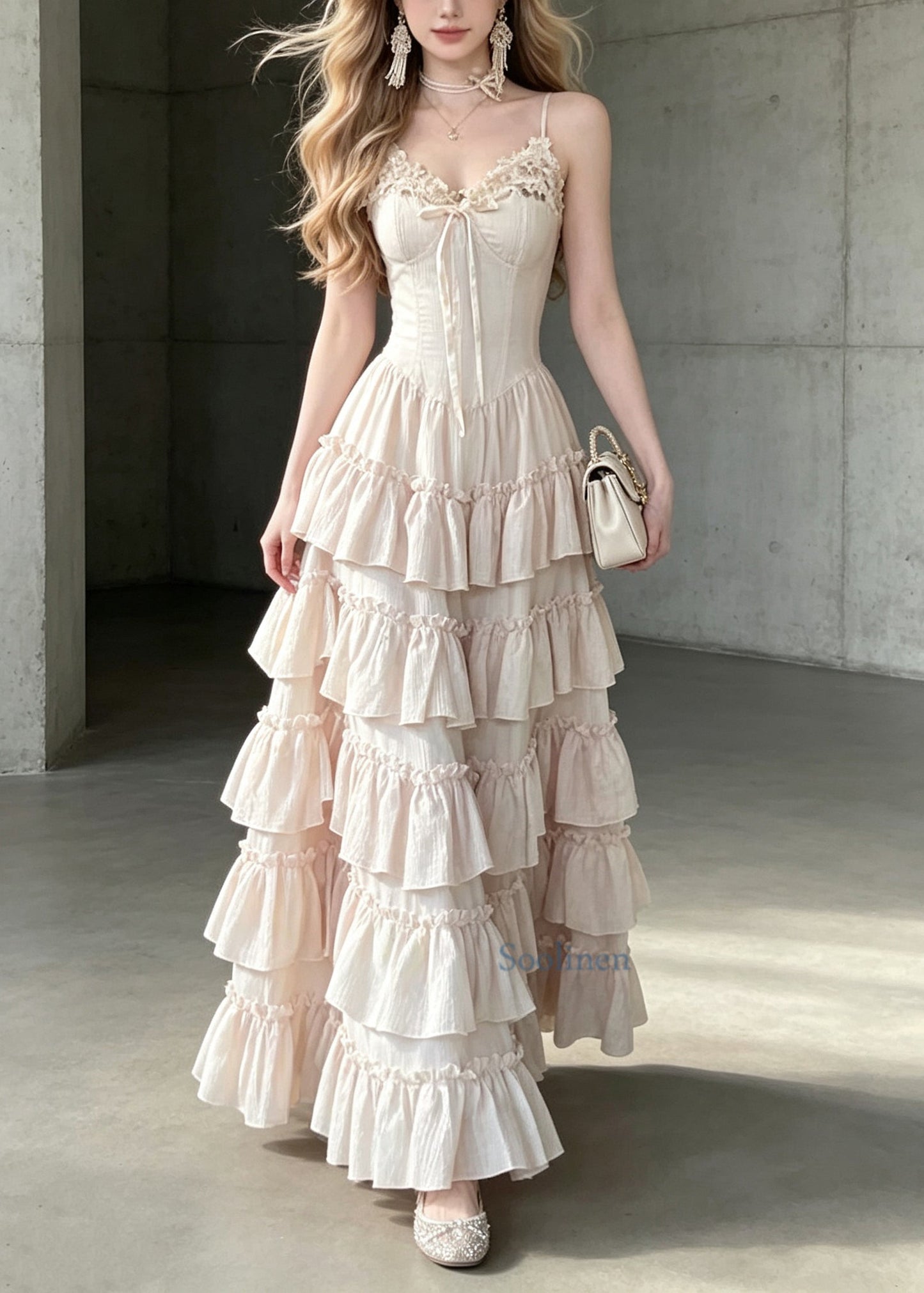 Style Light Pink Ruffled Patchwork Cotton Spaghetti Strap Dresses Summer