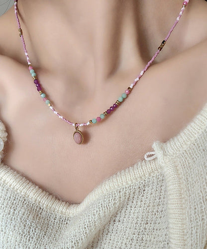 Style Light Purple Stainless Steel Zircon Agate Beading Pendant Necklace