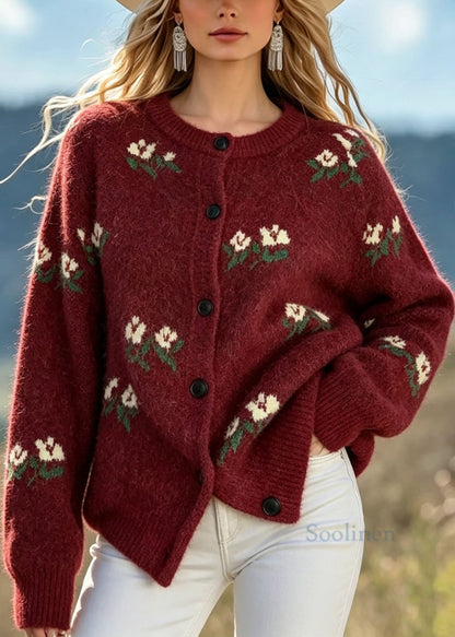 Style Mulberry O Neck Button Jacquard Knit Cardigans Fall