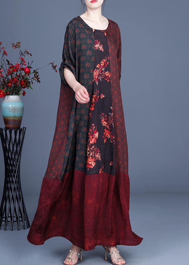 Style Mulberry Print Patchwork Robe Dresses Summer Spring - SooLinen