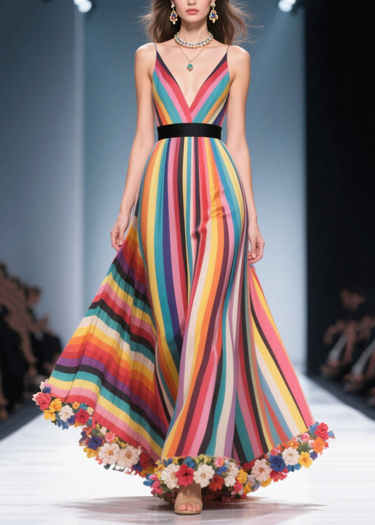 Style Multicolour Striped Flower Decorated Chiffon Maxi Dresses Summer