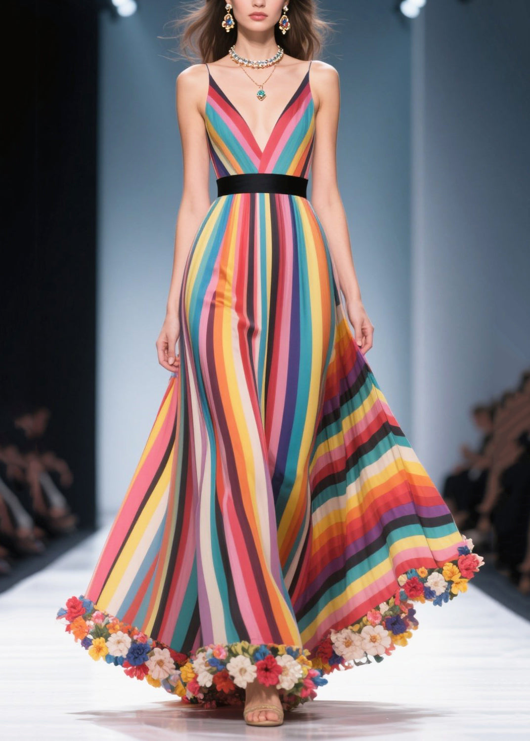Style Multicolour Striped Flower Decorated Chiffon Maxi Dresses Summer