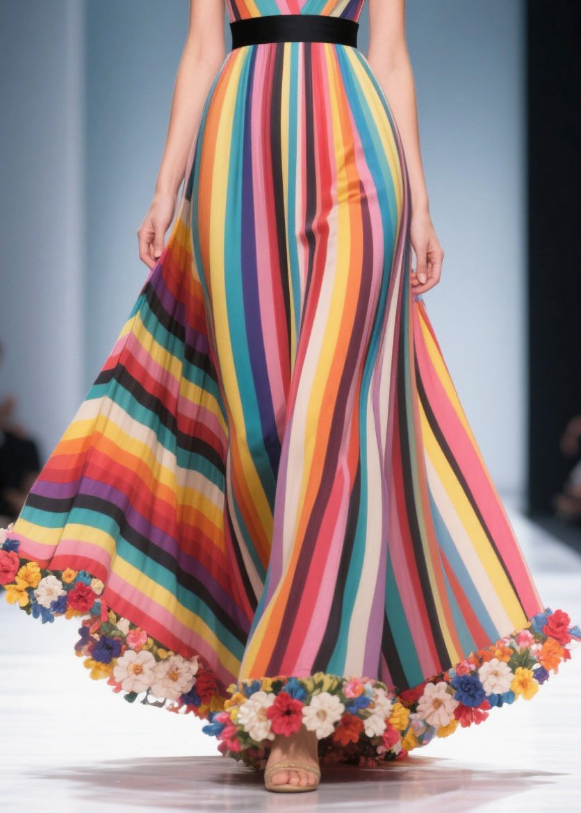 Style Multicolour Striped Flower Decorated Chiffon Maxi Dresses Summer