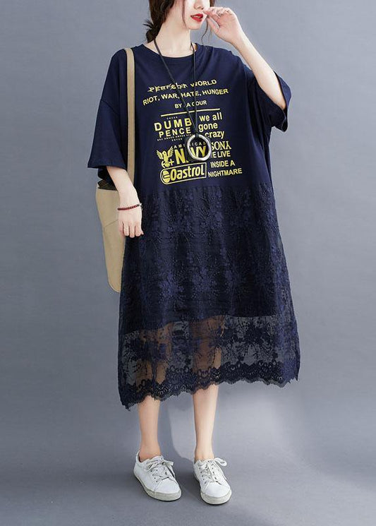 Style Navy Loose Patchwork Lace Summer Half Sleeve Maxi Dresses - SooLinen